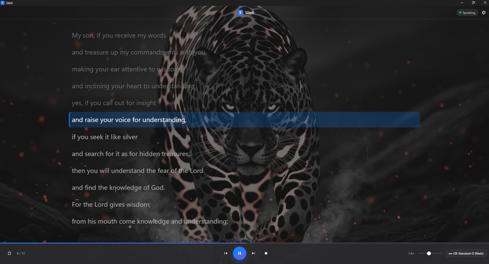 Sileti app running on a Windows 11 desktop, reading copied text aloud with sentence highlighting